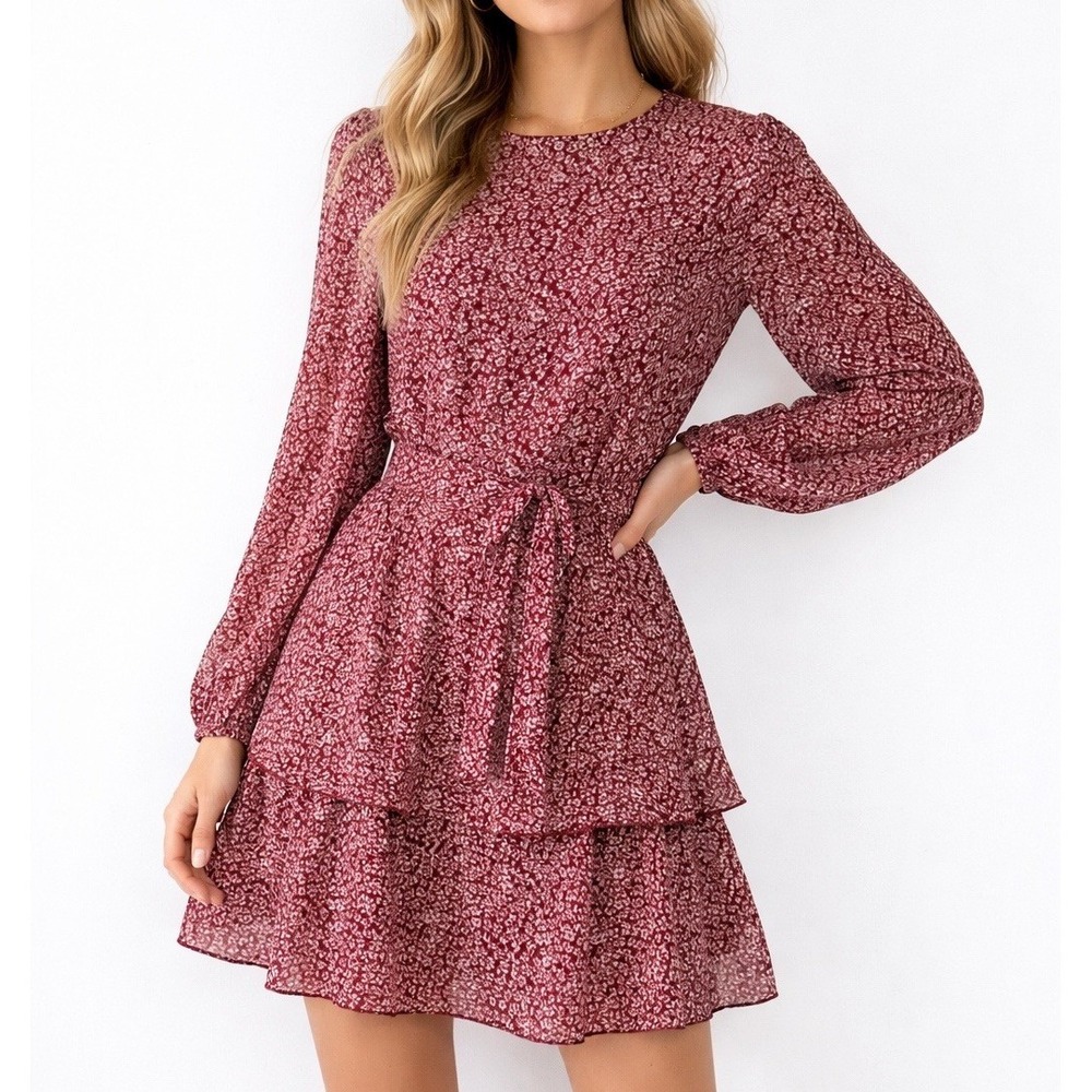 Revamped Burgundy Floral Tieredโ Long Sleeve Mini Dress Womens L Lined Coquette